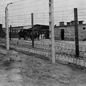 Een deel van de onder hoogspanning staande prikkeldraadomheining en barakken in concentratiekamp Flossenbürg. Mei 1945