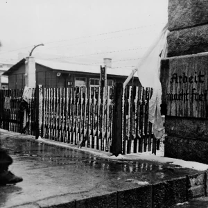 Dit Duitstalige bord, "Arbeit macht frei", wat "Werk maakt vrij" betekent, hangt bij de ingang van concentratiekamp Flossenbürg in Duitsland, waar wekelijks honderden Franse, Russische, Joodse en Slavische dwangarbeiders stierven. Het kamp werd ontdekt door de 97ste Divisie van het Amerikaanse 3de Leger.