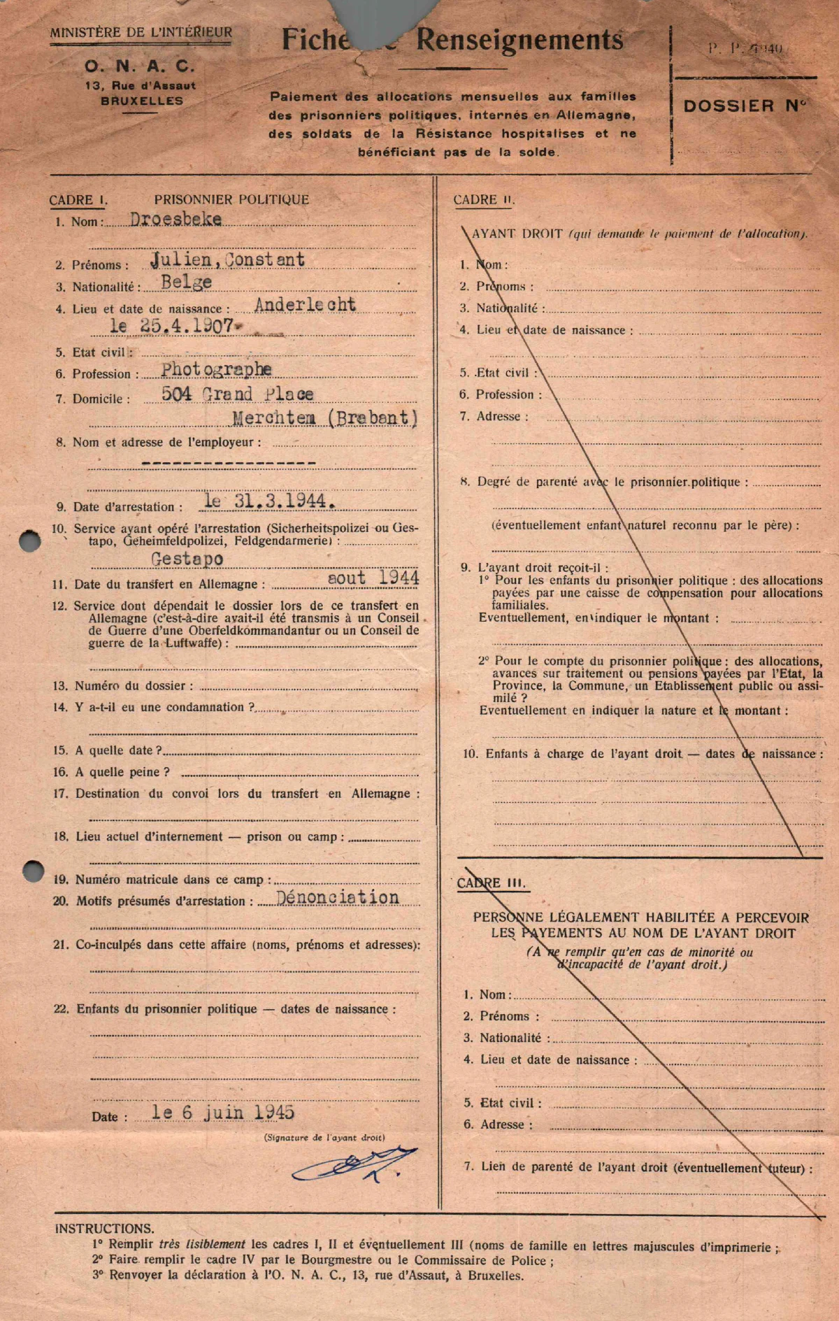 Fiche de renseignements Ministère de l'intérieur