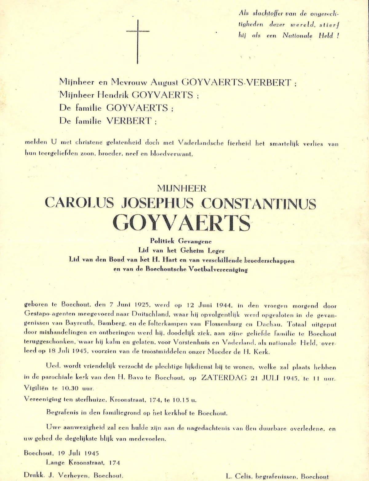 Doodsbrief Karel Goyvaerts